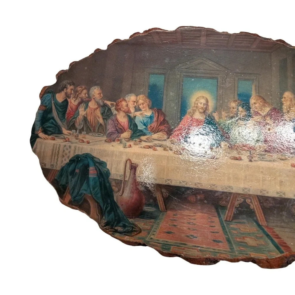 Vintage‎ Last Supper Wood Slice Decoupage Wall Plaque with Bark Edge